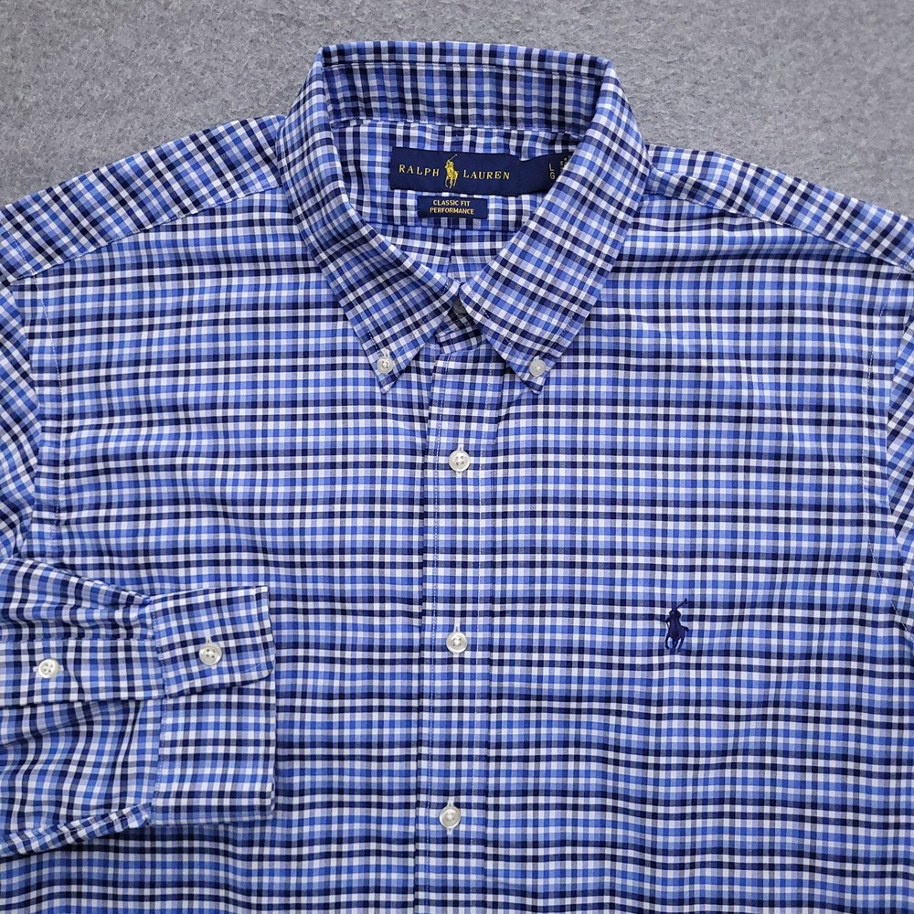 Ralph Lauren Performance Shirt Mens Large Classic Fit Blue Plaid Button Down